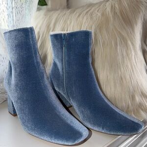 Lulu's Dusty Blue Velvet Ankle Boots with Block Heel